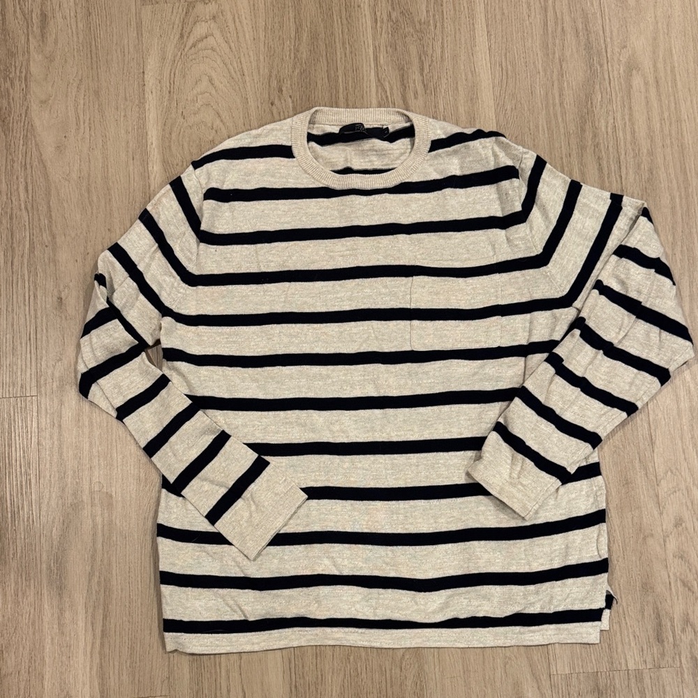 J. Crew Men's Navy and Cream Striped Crewneck Sweater